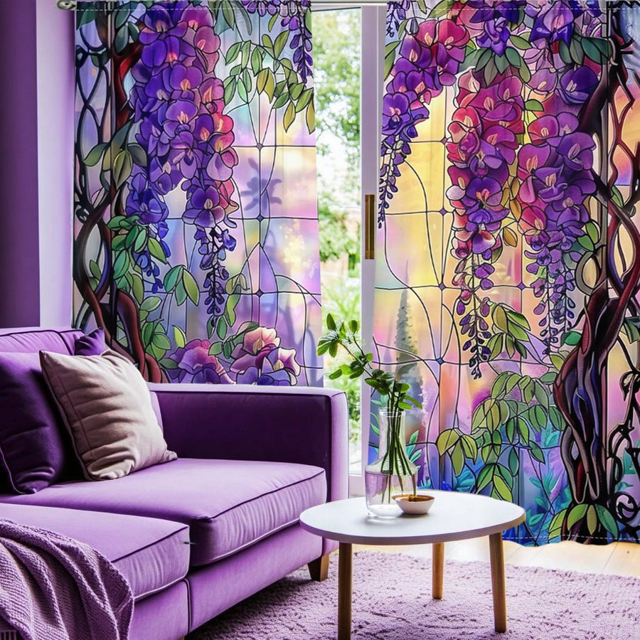 2-Piece Set Of Wisteria Flower Glass Visual Home Decor Curtains, Dreamy Garden Themed Spring Decoration, Suitable For Windows In Living Room, Bedroom, Dining Room, Office, Study, Bathroom, Etc.