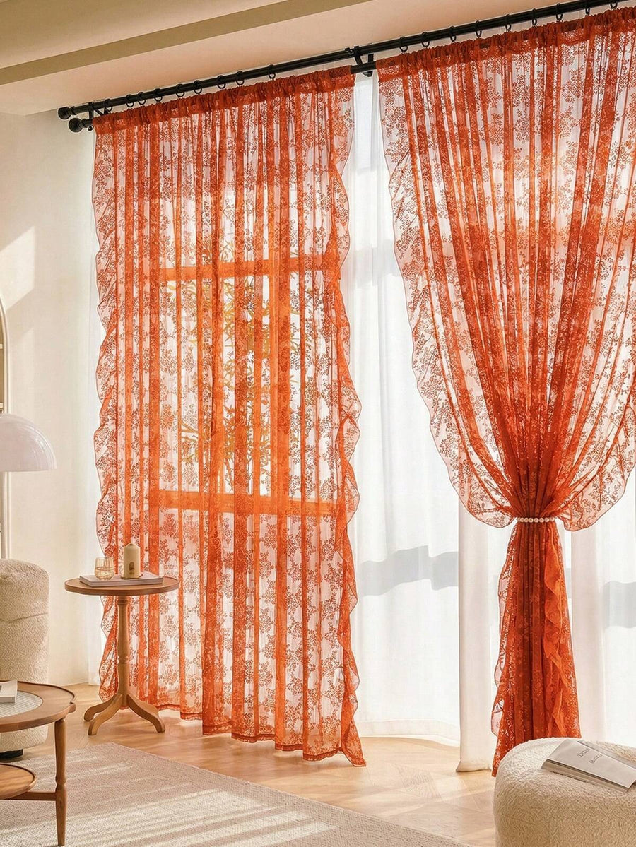 1pc French Country Style Floral Lace Trim Curtain Sheer For Living Room, Bedroom, Dining Room Decor